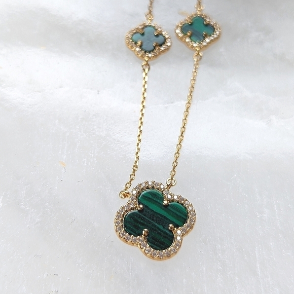 Rachel Zoe Three Clover Alhambra Necklace in 18K GP Silver & Malachite NWT - Picture 3 of 6